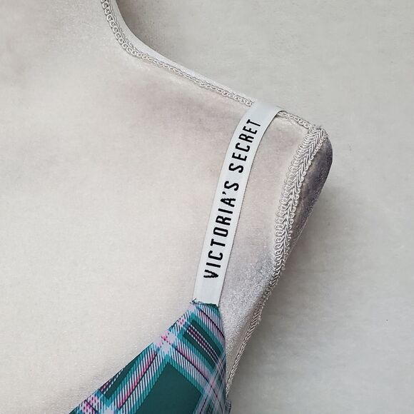 VICTORIA'S Secret Lightly Lined Wireless T-shirt Bra Green Pink Plaid Spell Out - Picture 3 of 12